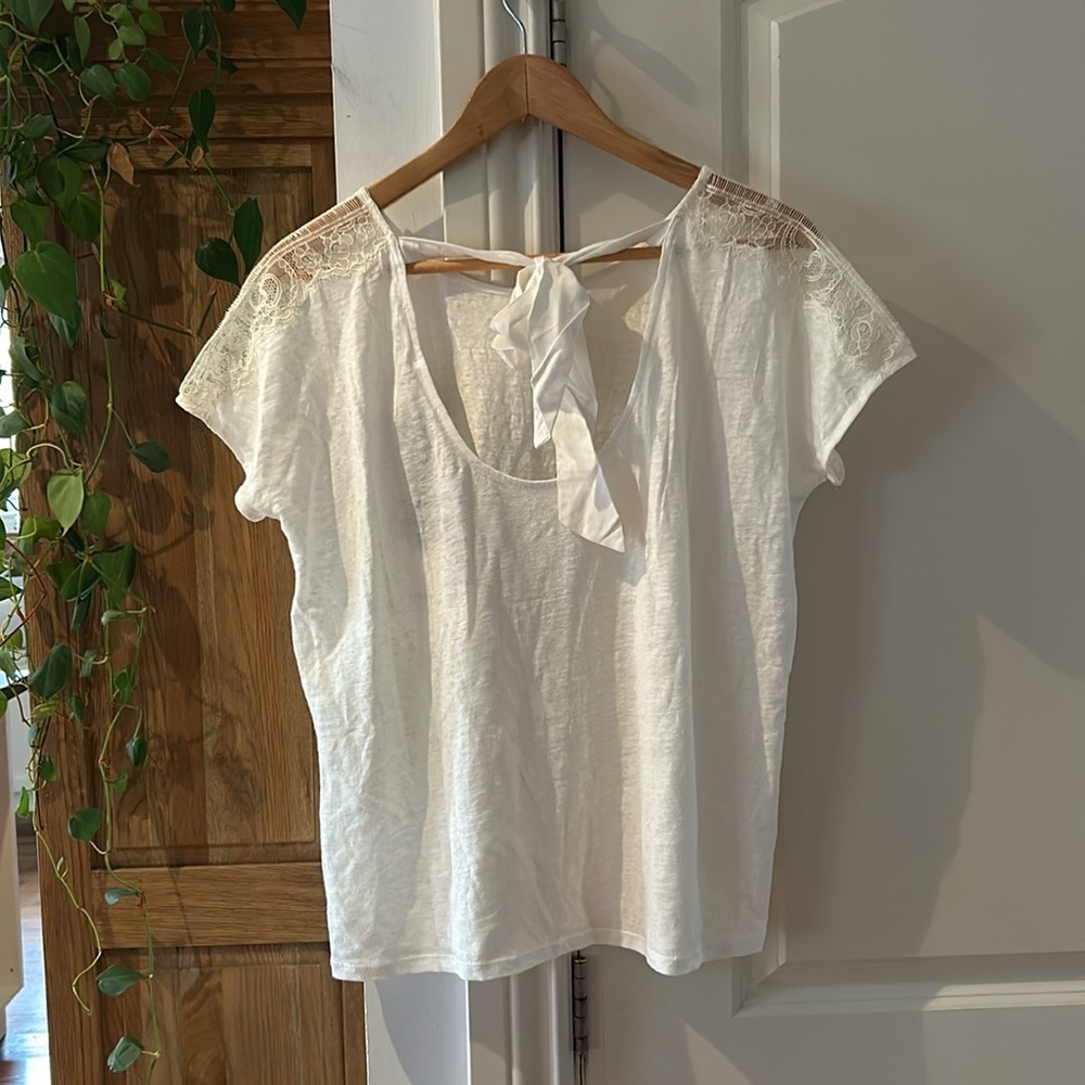 NWT Sezane Ecru Linen and Lace Short Sleeve Top - Picture 6 of 16